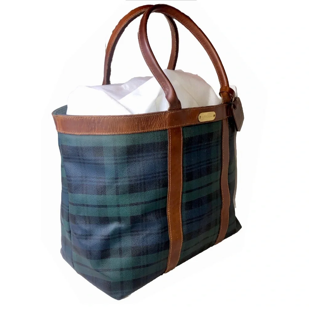 RALPH LAUREN Black Watch Plaid Oversized Coated Canvas Brown Leather Travel Bag